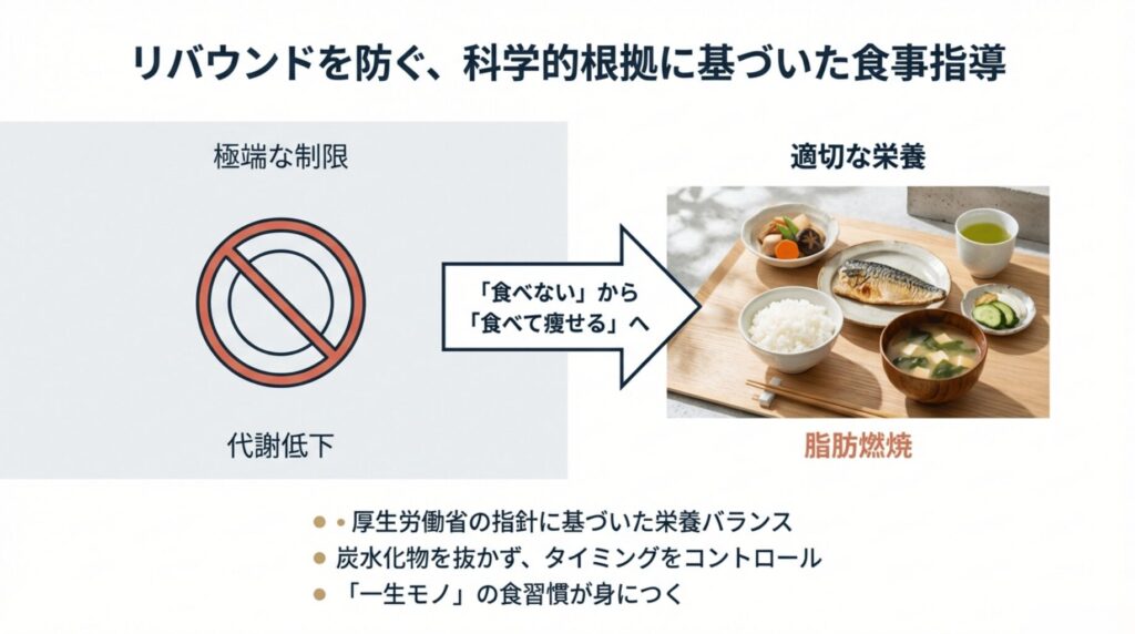 「食べない」から「食べて痩せる」へ。厚生労働省の指針に基づき、炭水化物も適切に摂取する食事管理のイメージ 。