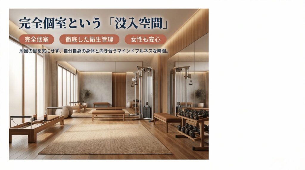 徹底した衛生管理が行き届いた清潔感のある完全個室のトレーニングルーム。女性も安心して通える環境 。