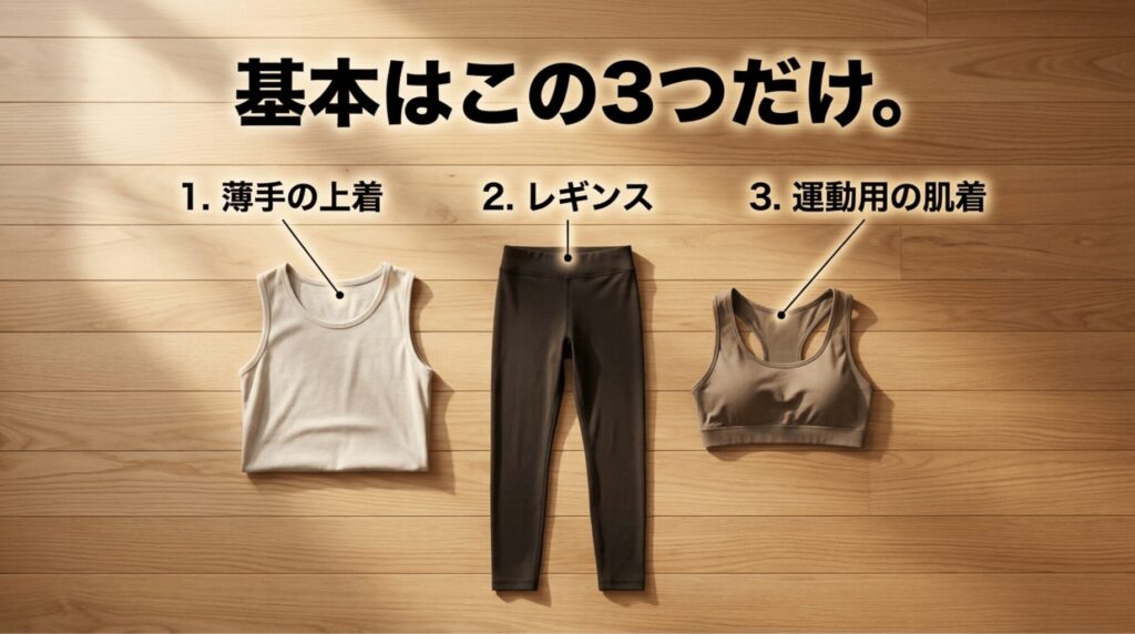 薄手の上着、レギンス、運動用の肌着の3点が並び、ホットヨガ初心者の基本ウェアを説明するスライド
