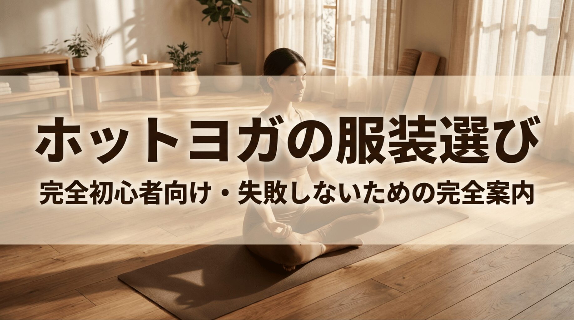 ヨガマットに座る女性と、ホットヨガの服装選びを初心者向けに案内する導入スライド