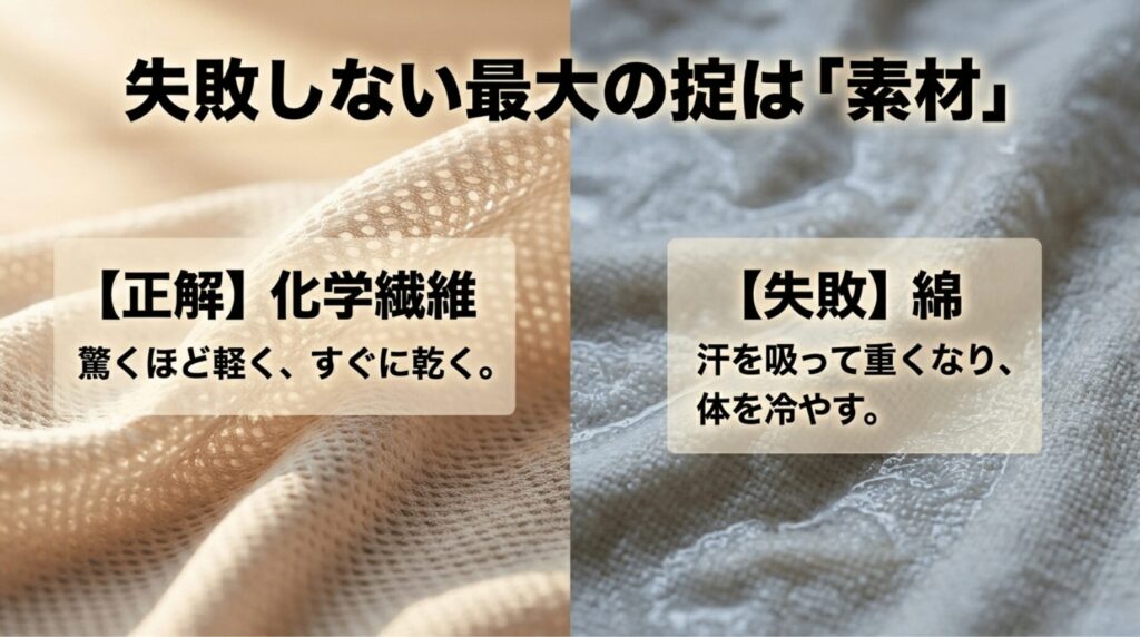 化学繊維と綿素材を比較し、ホットヨガでは軽くすぐ乾く化学繊維が適していることを説明するスライド