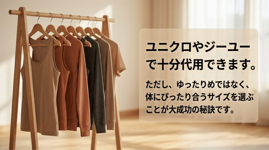 ウェアラックにかかったスポーツウェアと、ユニクロやGUでもホットヨガウェアを代用できることを示すスライド