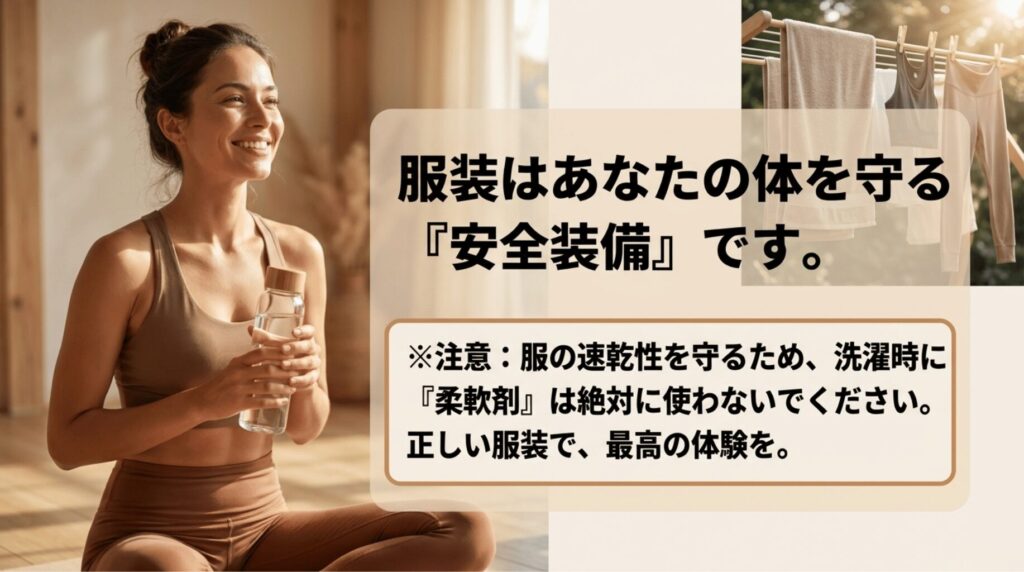 水を持つ女性と干されたウェア、服装は安全装備であり柔軟剤を使わない注意を示すまとめスライド