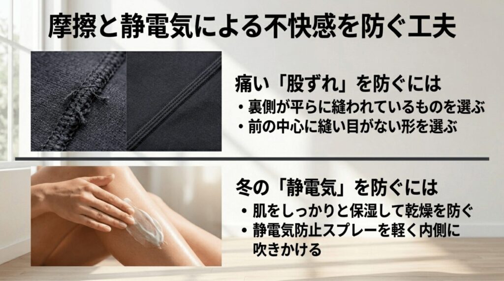 縫い目の処理や保湿ケアの写真とともに、股ずれや静電気を防ぐヨガレギンス選びと対策を説明するスライド