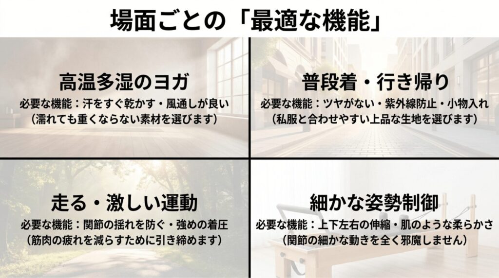ホットヨガ、普段着、ランニング、ピラティスなど、シーン別に必要なヨガレギンスの機能を整理したスライド