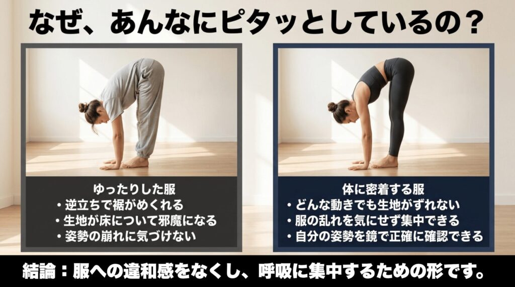 ゆったりした服と体に密着するヨガレギンスを比較し、裾のめくれや生地のずれを防いで集中しやすいことを説明するスライド