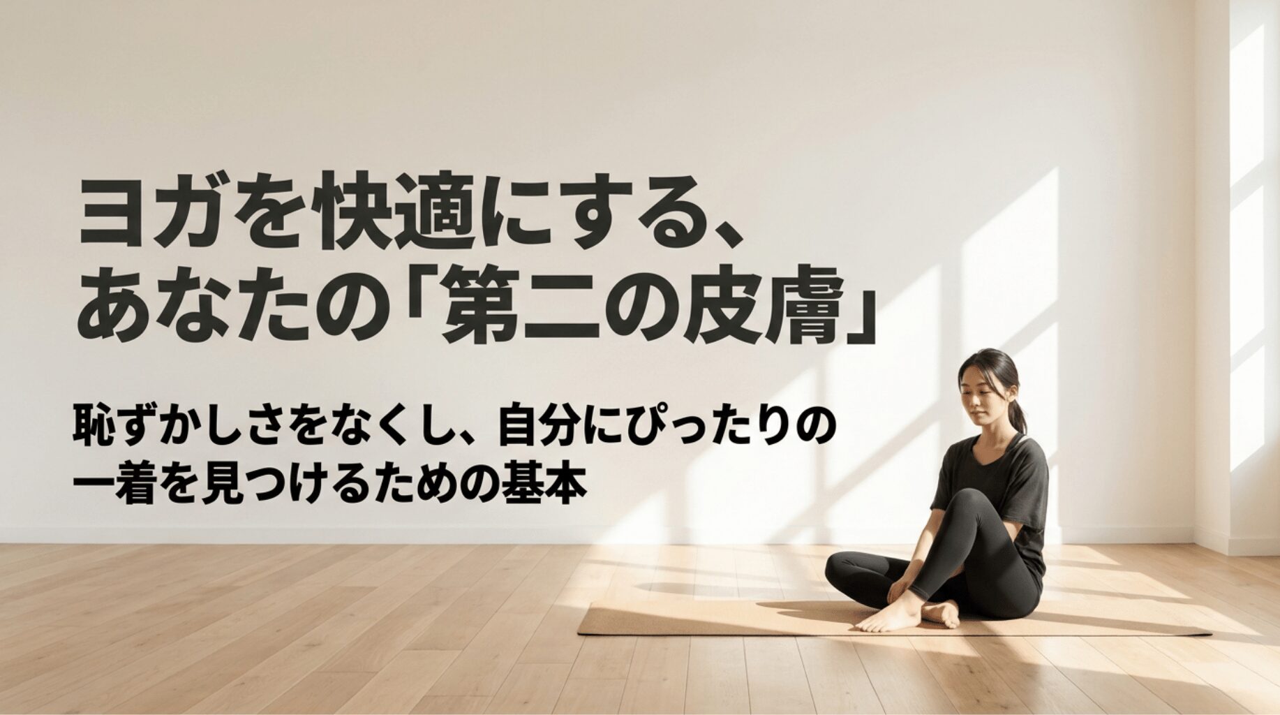 ヨガマットに座る女性と「ヨガを快適にする、あなたの第二の皮膚」というメッセージで、ヨガレギンスの基本を紹介するスライド