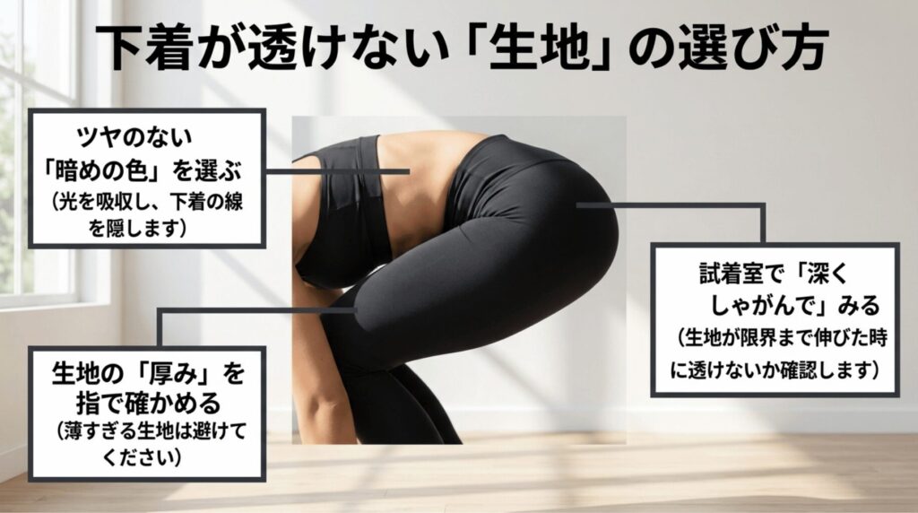 前屈姿勢の女性を例に、下着が透けにくいヨガレギンスの生地の厚み、暗めの色、試着時の確認方法を示すスライド