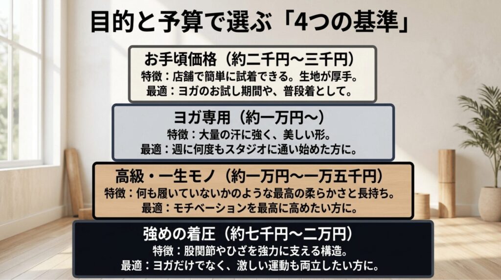 お手頃価格、ヨガ専用、高級モデル、強めの着圧という4つの基準でヨガレギンスの選び方を整理したスライド