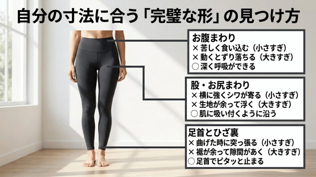 ヨガレギンスのウエスト、股とヒップ、足首とひざ裏をチェックし、きつすぎや大きすぎのサインを確認するスライド