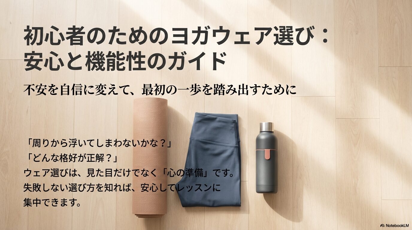 「安心と機能性のガイド：不安を自信に変えて、最初の一歩を踏み出すために」と書かれた初心者向けヨガウェア選びの表紙画像。