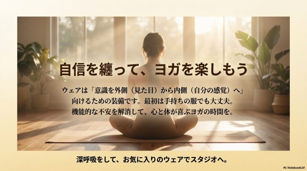 「ウェアは意識を外側から内側の感覚へ向けるための装備」というメッセージと、深呼吸してスタジオへ向かうことを促す結びの画像。