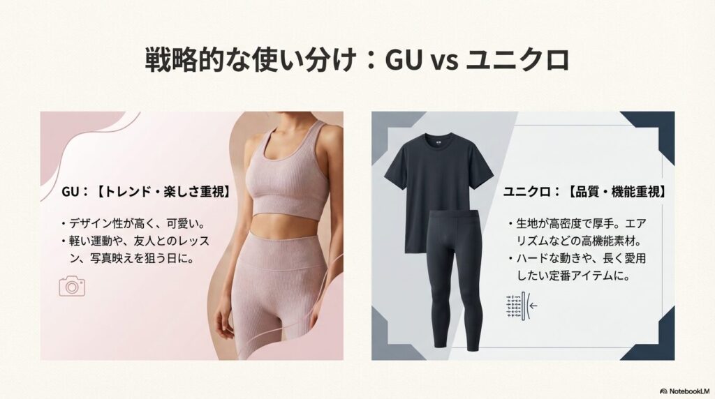 トレンド重視のGUと品質・機能重視のユニクロの使い分けを比較した表形式のスライド