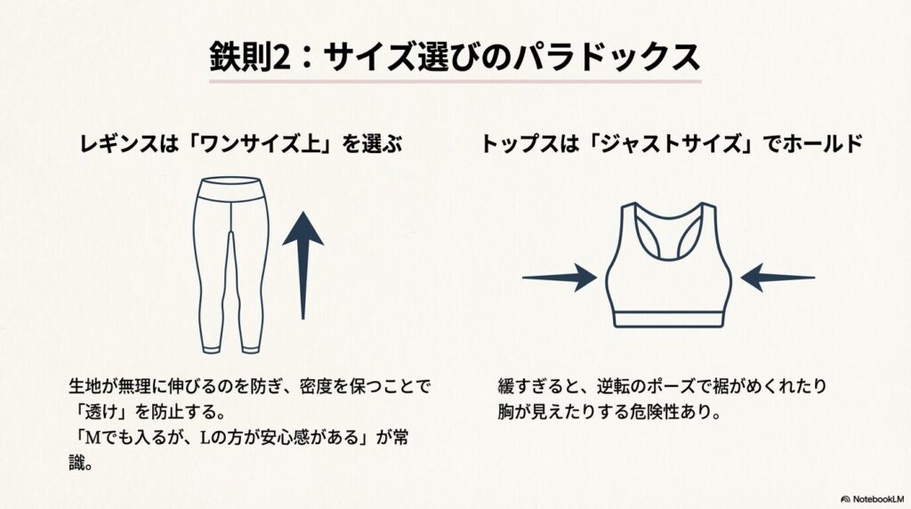 レギンスは「ワンサイズ上」を選んで透けを防止し、トップスは「ジャストサイズ」でホールド感を重視することを推奨する図解