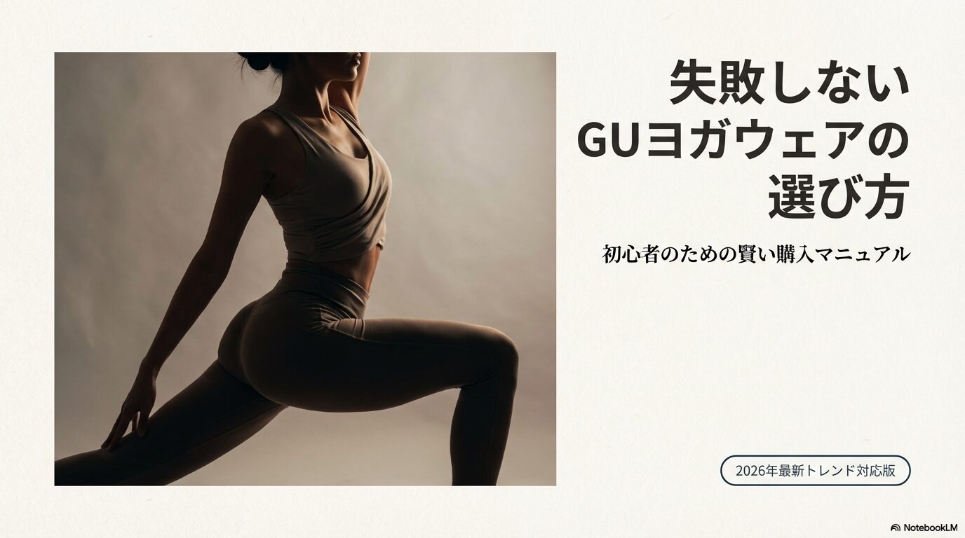 「失敗しないGUヨガウェアの選び方 初心者のための賢い購入マニュアル 2026年最新トレンド対応版」と書かれた表紙画像