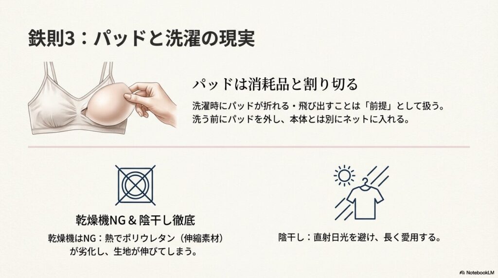 洗濯時はパッドを外してネットに入れること、乾燥機NG、陰干しを徹底することを説明するアイコン付きスライド