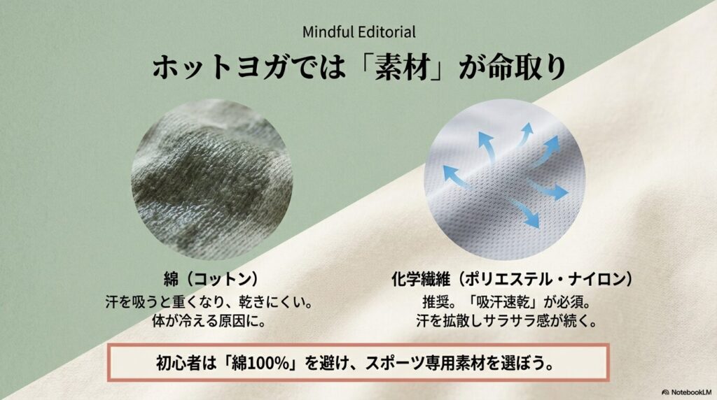 綿は重くなりやすく冷える原因になること、化学繊維（ポリエステル・ナイロン）は吸汗速乾でサラサラ感が続くことを説明する素材比較。