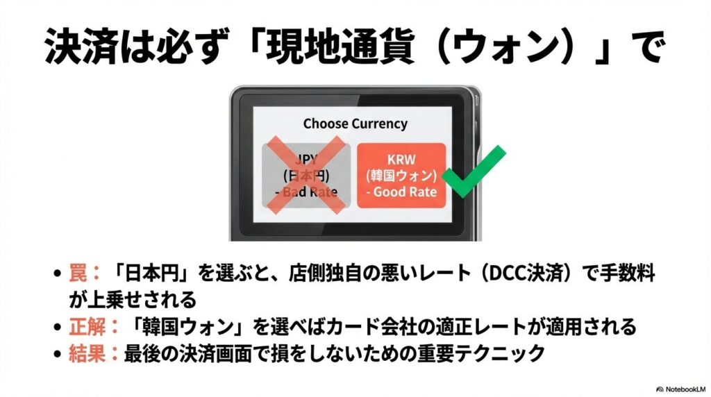 カード決済時に日本円（JPY）ではなく、適正レートが適用される韓国ウォン（KRW）を選択すべきことを示す比較画面。