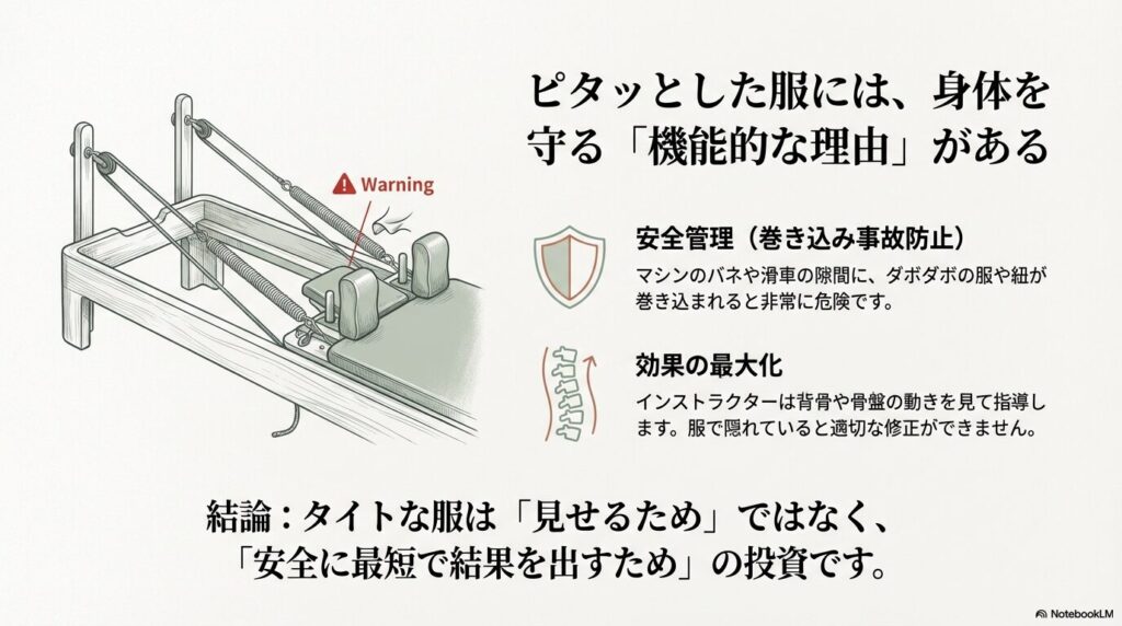 ピラティスマシン（リフォーマー）のスプリングや滑車に服が巻き込まれる危険性を示す警告図。