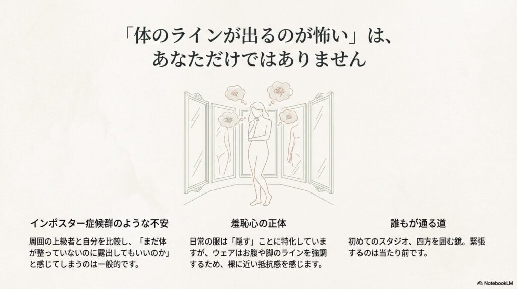 鏡の前で自分の体型を気にする女性のイラスト。周囲と比較して不安を感じるインポスター症候群のような心理状態の解説。