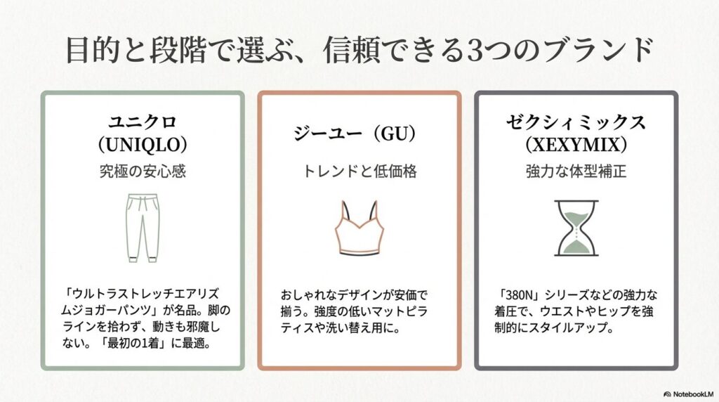 ユニクロ、GU、ゼクシィミックスの各ブランドの特徴（安心感、トレンド、体型補正）をまとめた比較図。