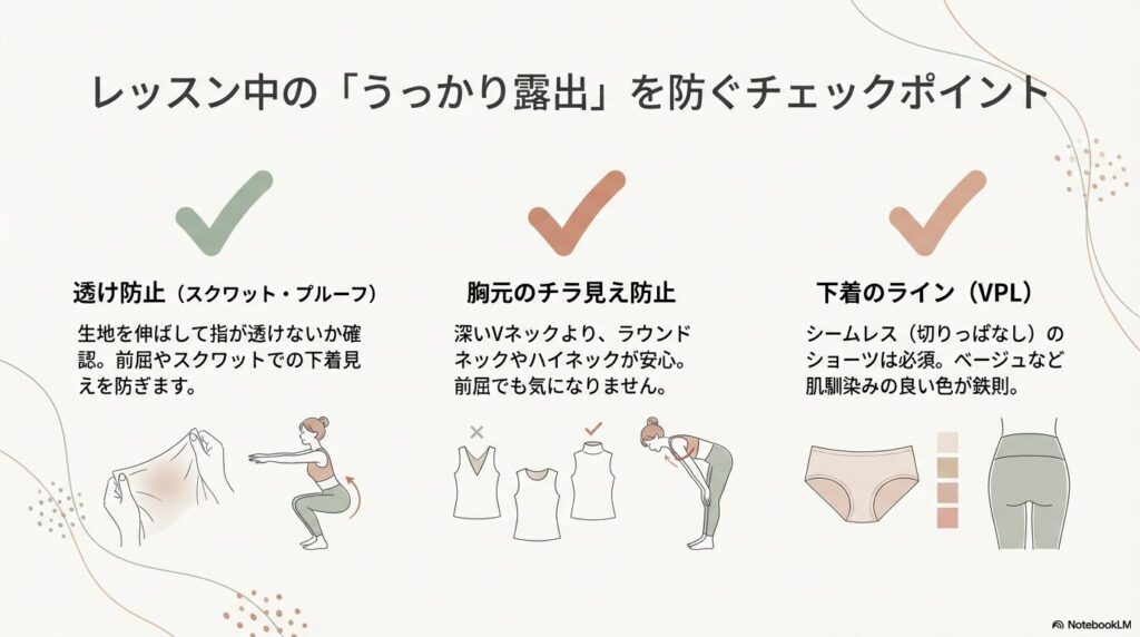 胸元の開き具合の確認、生地の透け防止（スクワット・プルーフ）、シームレス下着の選び方の解説。