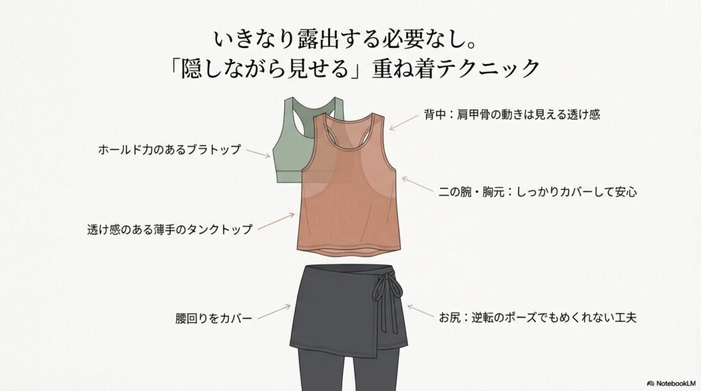 ブラトップの上に透け感のあるタンクトップを重ね、腰回りをカバーするレイヤードスタイルの解説図。