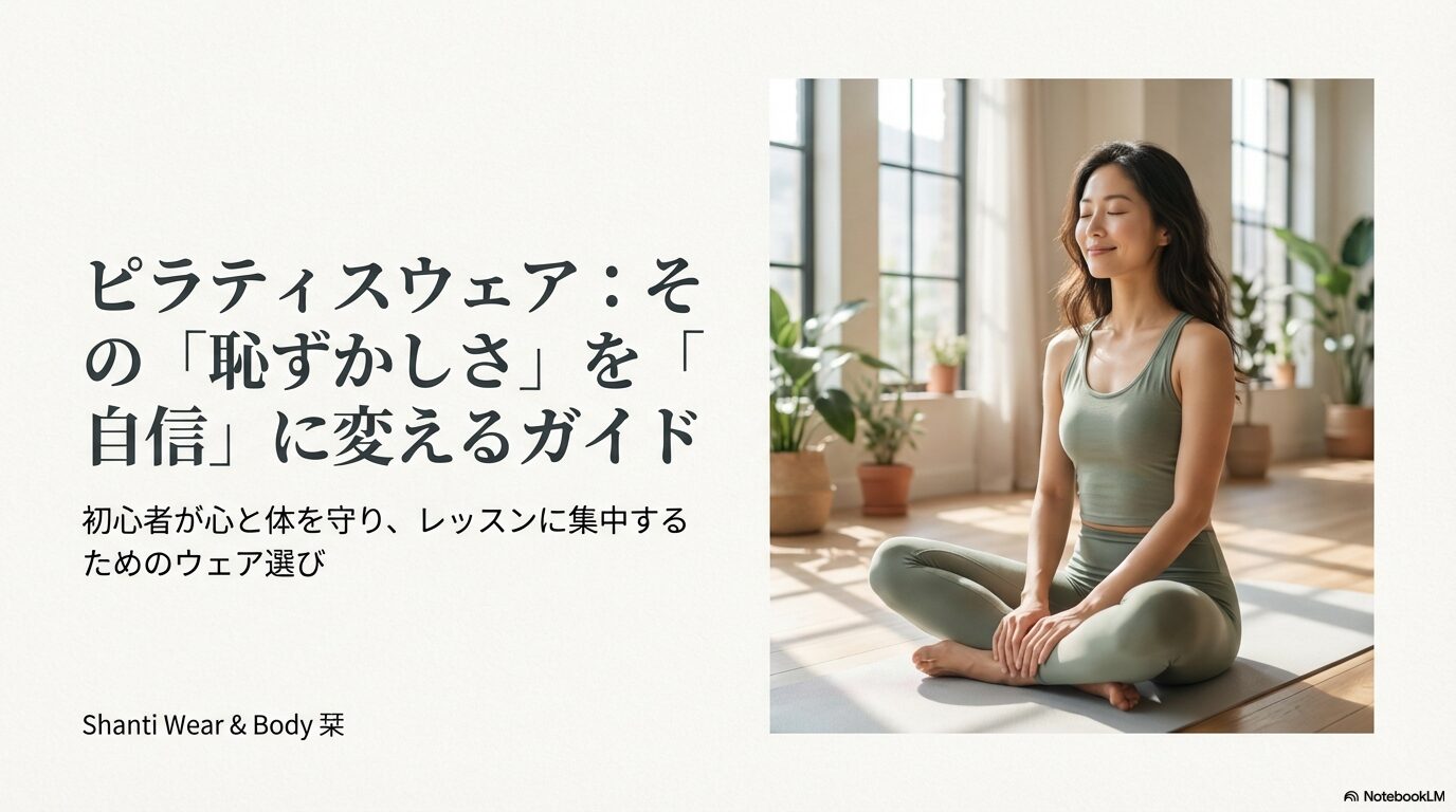 ピラティスウェアで恥ずかしさを自信に変えるためのガイドの表紙。穏やかな表情で座る女性のイメージ。