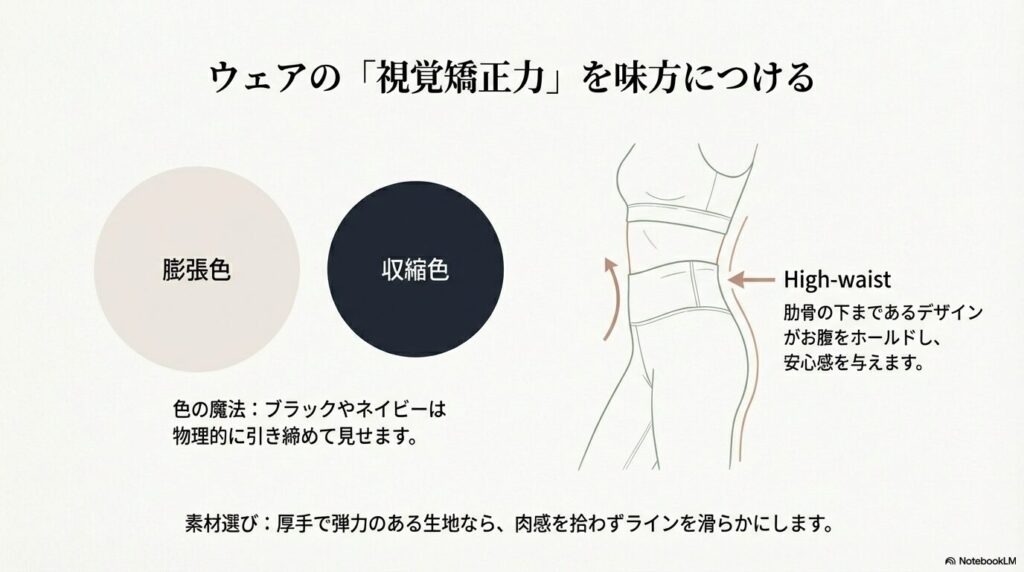 収縮色の効果、ハイウエストによるお腹のホールド、厚手生地によるライン補正の仕組みを示すイラスト。