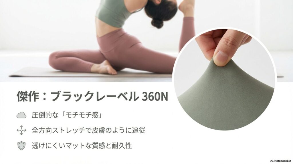 ブラックレーベル 360Nの圧倒的なモチモチ感、全方向ストレッチ、マットな質感と耐久性についての解説スライド。