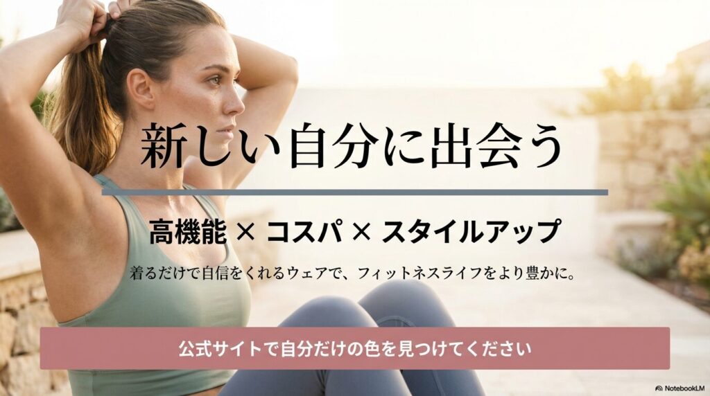 高機能・コスパ・スタイルアップを兼ね備えたウェアで自信を持つことを提案するブランドメッセージ。