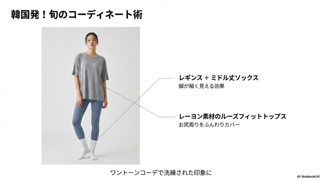 レギンスにミドル丈ソックスを合わせた脚細効果や、ルーズフィットトップスでお尻をカバーするスタイルの紹介。