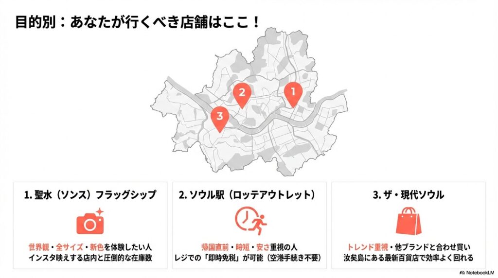 聖水フラッグシップ、ソウル駅ロッテアウトレット、ザ・現代ソウルの3拠点をプロットしたソウル市内の地図。