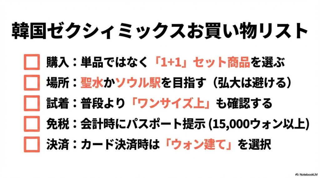 1+1セットの選択、聖水・ソウル駅の利用、ワンサイズ上の試着、免税手続き、ウォン建て決済をまとめたリスト。