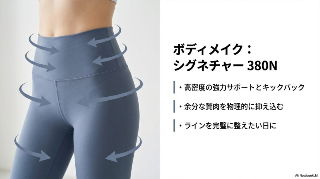 シグネチャー 380Nの高密度な強力サポートと、贅肉を抑え込みラインを整える補正効果についての説明。