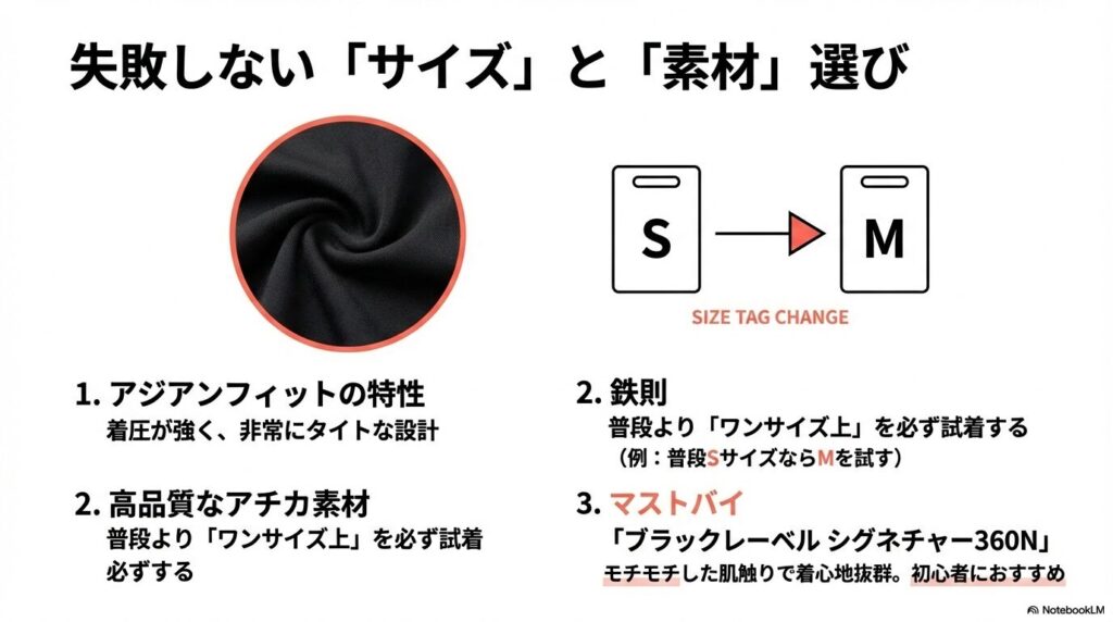 普段よりワンサイズ上を推奨するサイズガイドと、初心者におすすめのブラックレーベル シグネチャー360N素材の紹介。