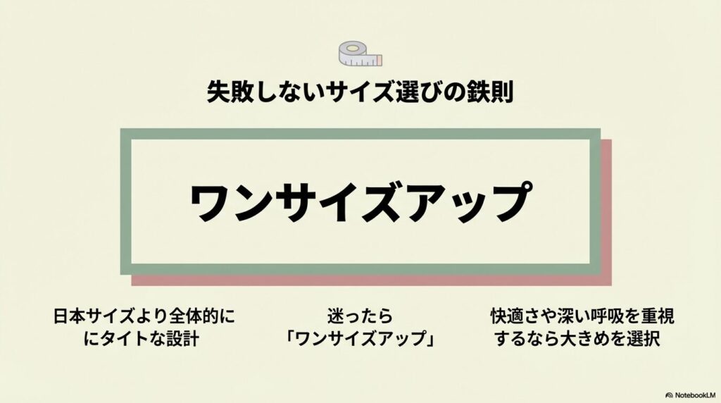 迷ったらワンサイズアップを推奨する、XEXYMIX独自のタイトな設計に基づいたサイズ選びのコツ。