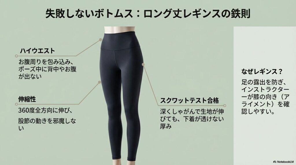 ハイウエスト、360度伸縮性、下着が透けないスクワットテスト、アライメント確認のしやすさを説明するレギンスの選び方ガイド。