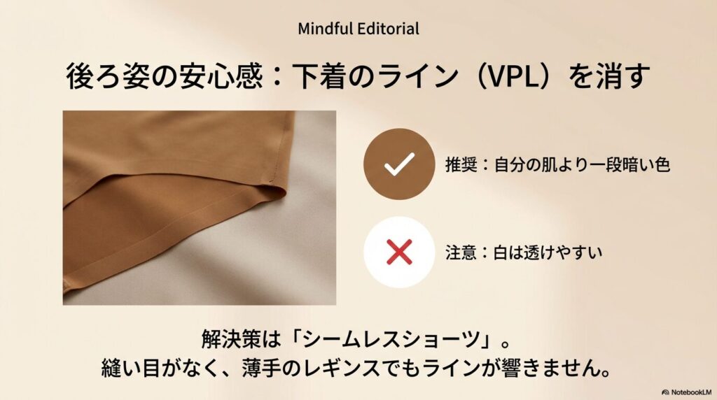 下着のライン（VPL）を防ぐシームレスショーツの推奨と、透けにくい濃いベージュ系の色選びのポイントを説明する画像。