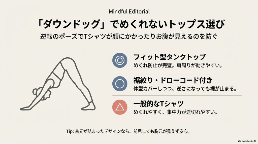 ダウンドッグのポーズのイラスト。フィット型タンクや裾絞りトップスの推奨理由と、一般的なTシャツがめくれやすい欠点を比較。