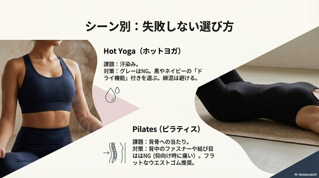 ホットヨガは汗染み対策の濃色、ピラティスは背中がフラットなデザインを選ぶべき理由を解説したスライド