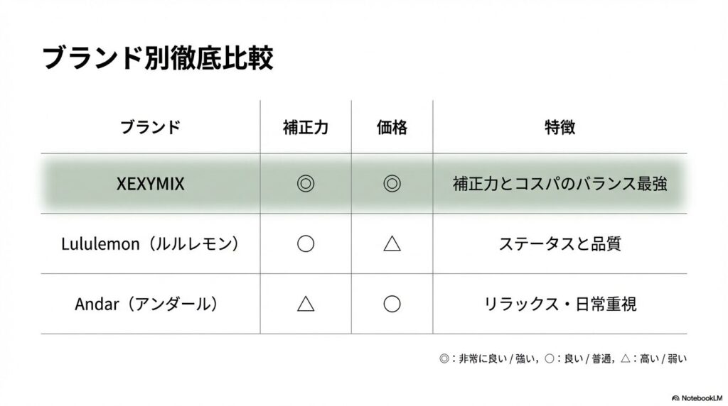 XEXYMIX、ルルレモン、アンダールの3ブランドを補正力・価格・特徴で比較した一覧表。