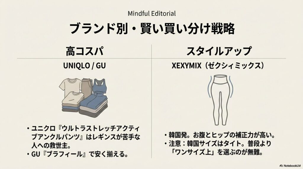 ユニクロ・GUの高コスパな活用法と、韓国発ブランドXEXYMIXの補正力やサイズ選びの注意点をまとめた比較図。