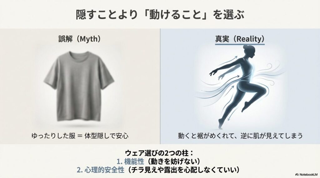 ゆったりしたTシャツは動くと裾がめくれるという「誤解」と、機能性と心理的安全性が重要であるという「真実」を説明するイラスト。