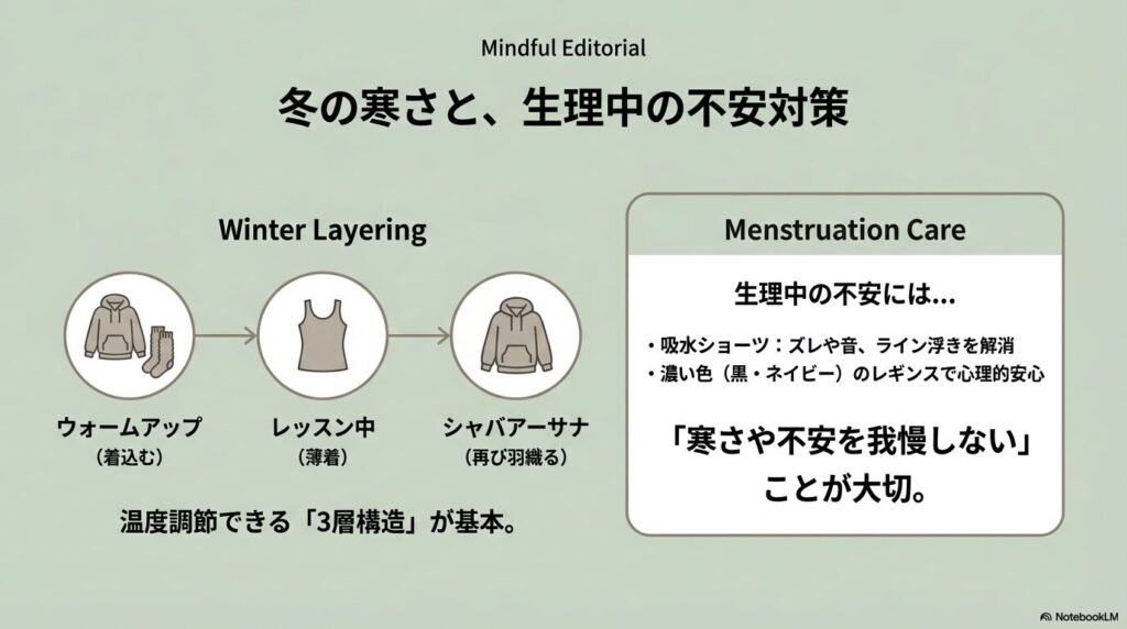 冬のレッスンの温度調節に役立つ3層レイヤリングと、生理中の心理的安心を高める吸水ショーツや濃い色レギンスの活用術。