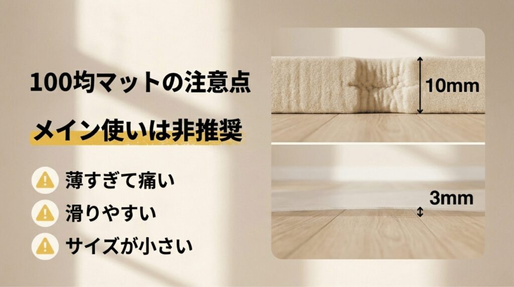 100均の3mmマットが薄すぎて痛いことや、滑りやすさ、サイズ不足を警告する図解