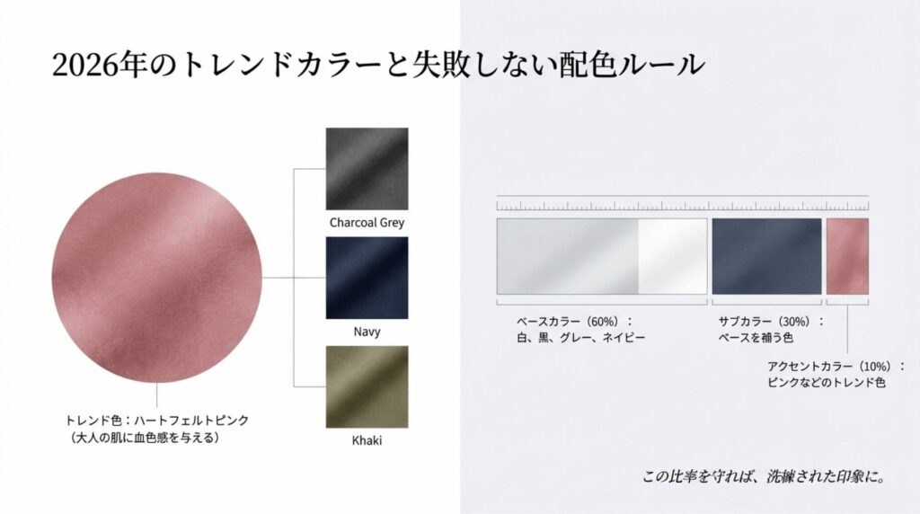 ハートフェルトピンクをアクセントにした配色黄金比（ベース60%、サブ30%、アクセント10%）の解説スライド。ベースカラーとしてチャコールグレーやネイビーが推奨されています。