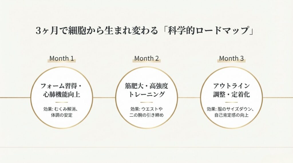 1ヶ月目のフォーム習得、2ヶ月目の筋肥大、3ヶ月目のアウトライン調整と、各フェーズごとの効果をまとめた3ヶ月プラン。