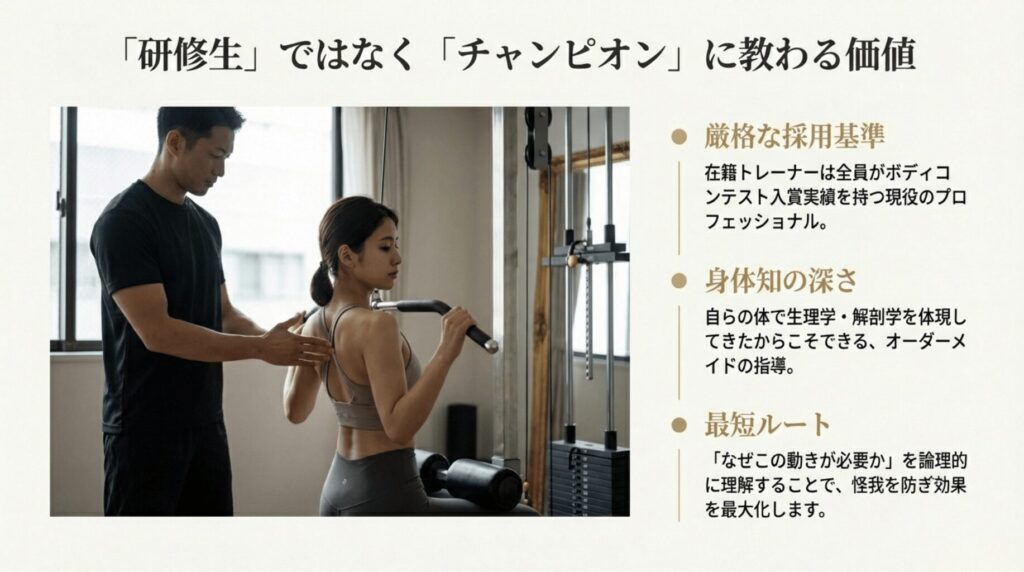 ACCEPTのトレーナー全員がボディコンテスト入賞者であり、生理学・解剖学を体現したオーダーメイド指導を行うことのメリット。