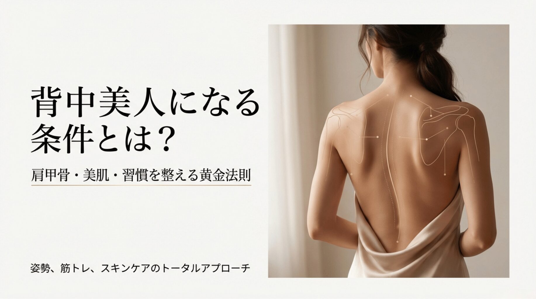 背中美人になるための条件として、姿勢・筋トレ・スキンケアのトータルアプローチを説明するタイトルスライド。